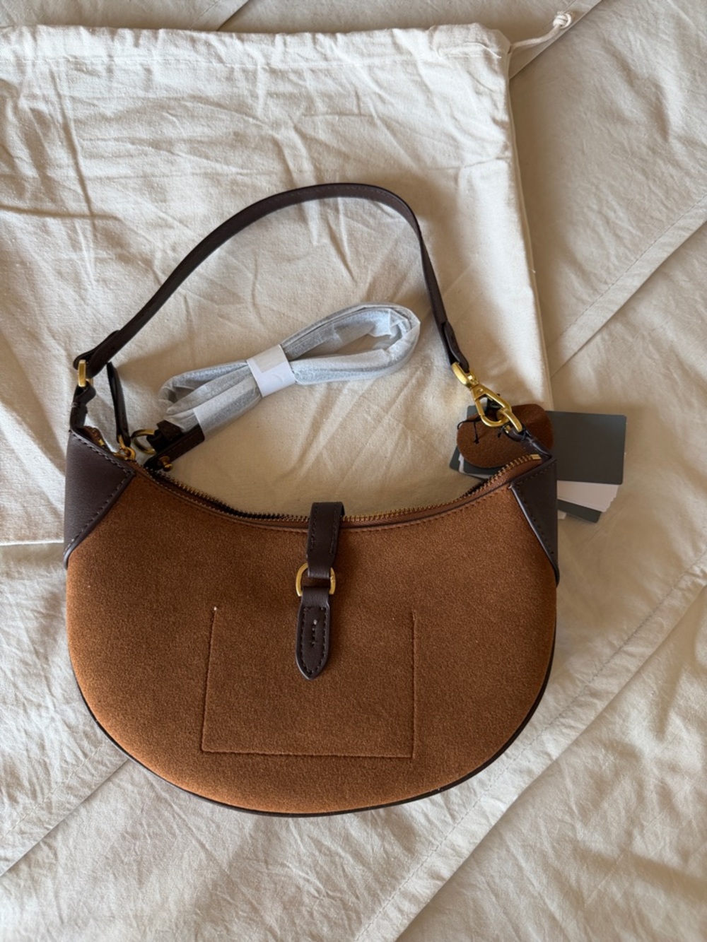 Alternative suede Chestnut Crescent Shoulder Bag with Dark Brown Trim - Picture 6 of 7